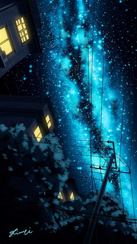 Art Night Building Starry Sky Pillar Post Wire Wires Hd Phone