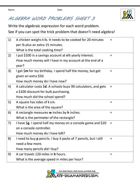 What grade do you need on your next exam to have at least a 90 average on the four exams? Basic Algebra Worksheets