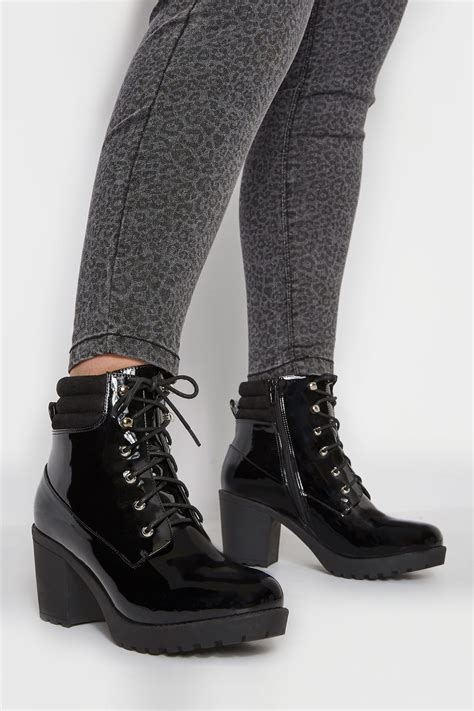 Black Patent Lace Up Heeled Ankle Boot In Eee Fit Wide Fitting Sizes