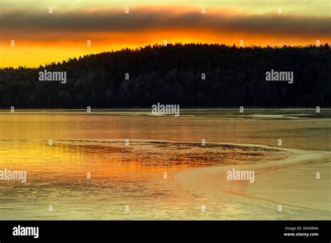 Frozen Simon Lake At Dawn Greater Sudbury Ontario Canada Stock Photo