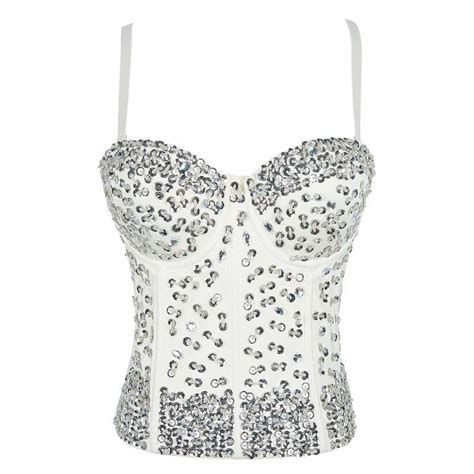 2020 Women Sexy Rhinestone Beading Top White Sleeveless Bustier Tops Club Party Corset Long Vest