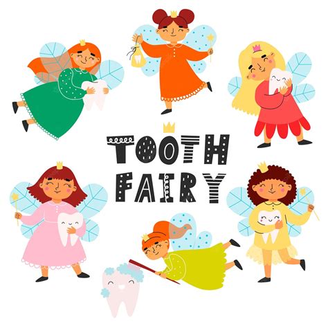 Premium Vector Set With Tooth Fairies And Lettering Tooth Fairy