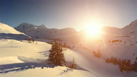 Mountain Sunset View Fly Over Snow Winter Landscape