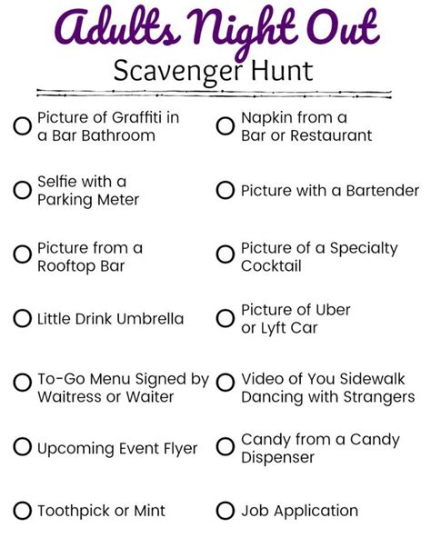 Printable Adults Night Out Scavenger Hunt Clues For Weekend Fun Adult