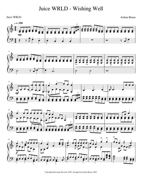 Juice Wrld Wishing Well Sheet Music For Piano Solo