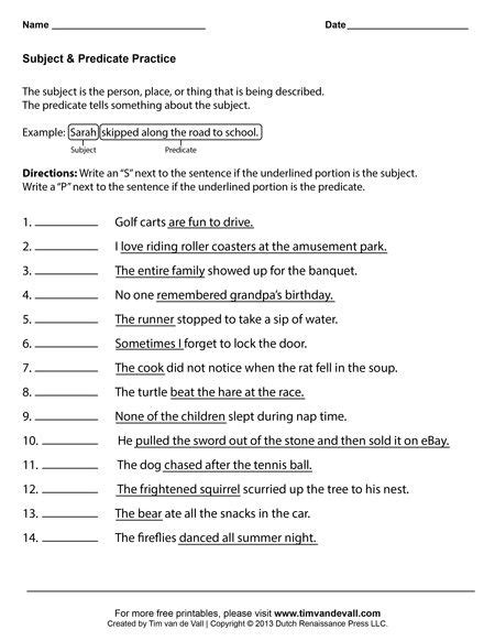 Free Printable Subject And Predicate Worksheets