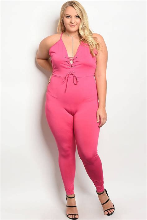 Plus Size Spandex Blend Fitted Jumpsuit With A V Neckline With Lace Up Details Fitted Jumpsuit