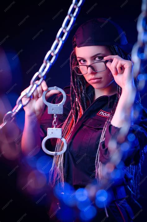 Premium Photo A Girl In A Police Uniform With Dreadlocks In Neon Light With Chains And
