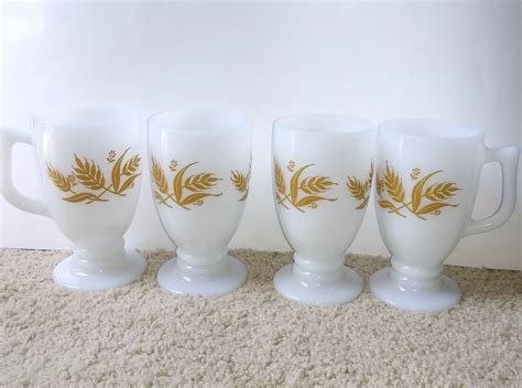 Vintage Hazel Atlas Glassware Wheat Print Glass Mugs Milkglass