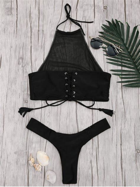 [21 Off] 2021 Mesh High Neck Lace Up Bikini Set In Black Zaful