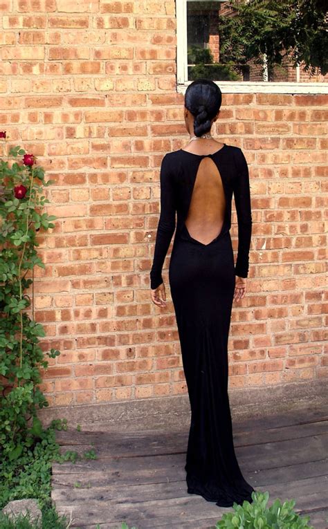 Black Backless Full Length Gown Black Prom Dress Black Formal Dress Long Sleeves Prom Gown