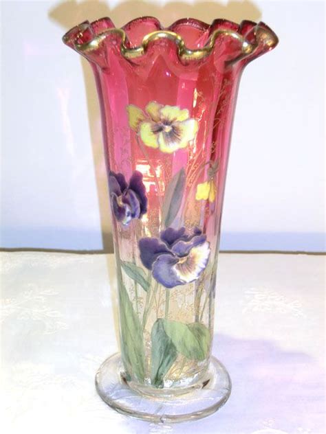 Moser Clear To Red Enameled Glass Vase With Pansies And Ruffled Gold