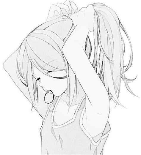 Pretty Monochrome Anime Girl Tying Her Hair Anime Girl Drawings