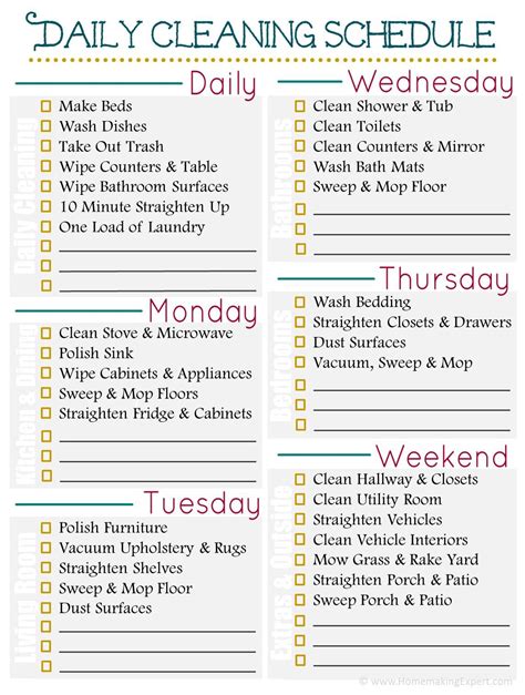 Daily Cleaning Schedule Printable