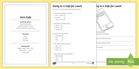 Entry Level Reading Comprehension Going To A Cafe Worksheet Worksheet