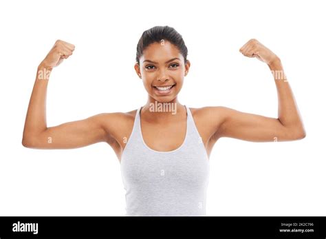 Flexing Muscles White Background Woman Fotografías E Imágenes De Alta