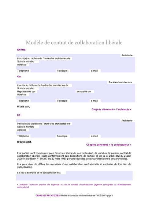 Modèle de contrat de collaboration libérale DOC PDF page 1 sur 8