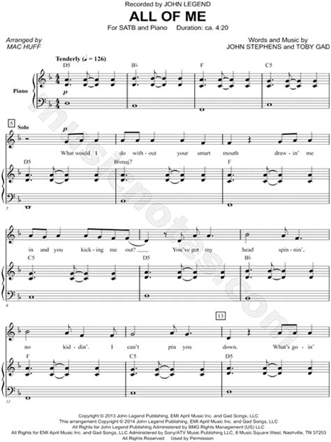 You can print the sheet music, beautifully rendered by sibelius, up to three times. John Legend "All of Me" (arr. Mac Huff) SATB Choir + Piano ...