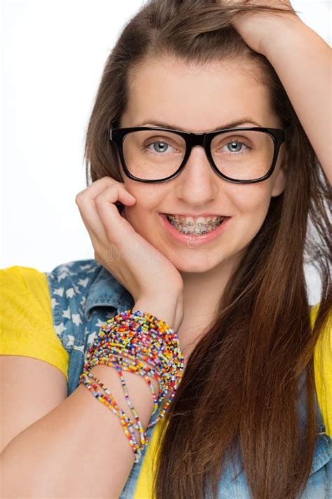 Girl With Braces Wearing Geek Glasses Isolated Stock Photo Image Of
