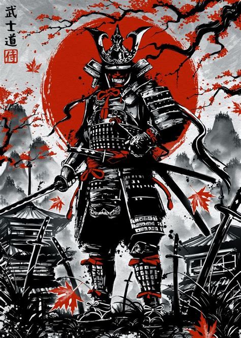 Japanese Samurai Ink Wash Poster Picture Metal Print Paint By B