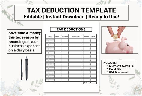 Editable Tax Deduction Tax Write Off Template Track All Etsy In