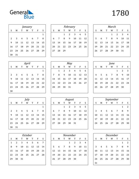 1780 Calendar Pdf Word Excel