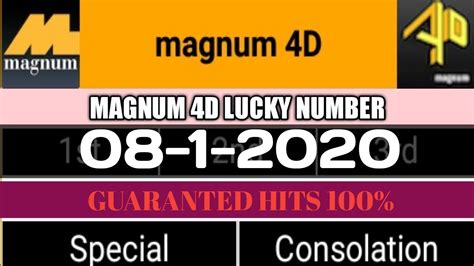 The latest 4digit results are posted below with the latest draw results listed at the top of the list. 08-1-2020 MAGNUM4D LUCKY SPECIAL NUMBER|LUCKY NUMBER TODAY ...