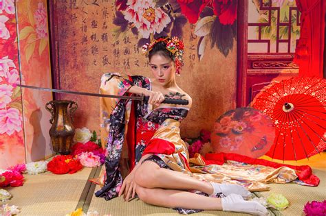 asian women model brunette looking at viewer geisha legs cleavage women indoors