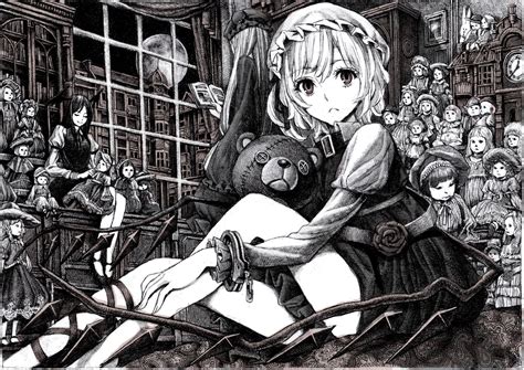 Brunettes Touhou Wings Night Room Moon Short Hair Monochrome Sitting Drawings Mansion