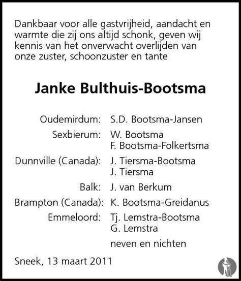 Janke Bulthuis Bootsma 13 03 2011 Overlijdensbericht En Condoleances