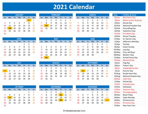 2021 Calendar With Holidays Printable Free Colorful Blue Green Images