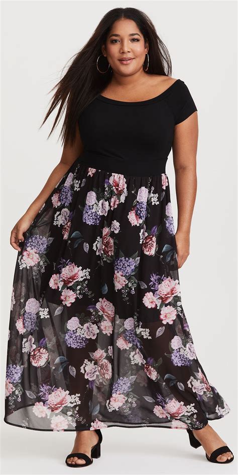 curvy fashion black floral off shoulder maxi dress curvy girl outfits plus size outfits