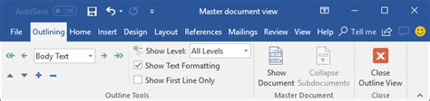 The Master Document View Microsoft Word 2016