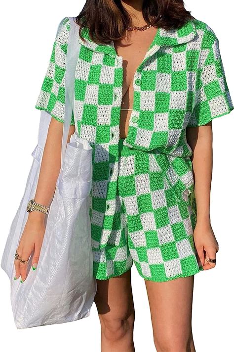Y2k 2 Piece Outfits For Women Checkerboard Print Short Sleeve Button