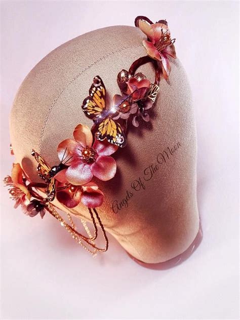 Peach Flower Crown Monarch Butterfly Crown Boho Wedding Etsy Boho