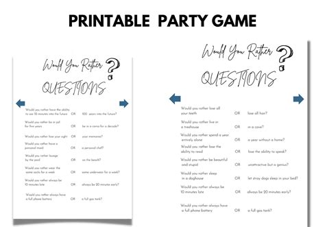 Printable Party Game Would You Rather Questions Questions Game