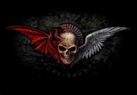 A Skull With Wings And A Demons Head On It Is In The Middle Of A Black