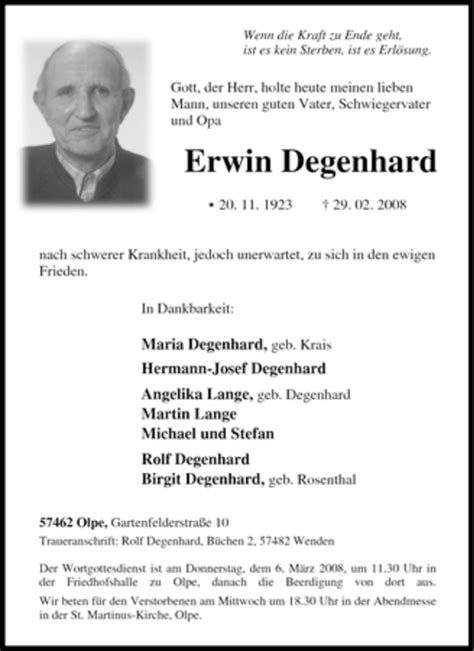 Trauer Und Todesanzeigen Von Erwin Degenhard Trauer De