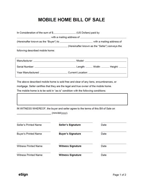 Free Mobile Home Manufactured Bill Of Sale Form Pdf Word
