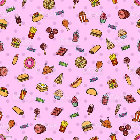 매끄러운 패턴 벡터 아이콘 핫도그 소시지 피자 버거 치킨 그릴 샌드위치 감자 튀김 음료 소시지 매력 분홍색 배경에 묘사 된 평면 스타일의 패스트 푸드 0명에 대한 스톡 벡터
