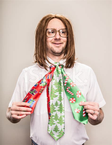 Bad Christmas Tie Holiday Nerd Man With 3 Neckties Stock Photos