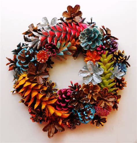 Handmade 10 Inch Pine Cone Wreath Center Piece Colorful Pinecone