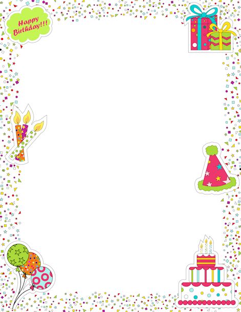 Printable Page Border Featuring Birthday Graphics Like Candles Cake