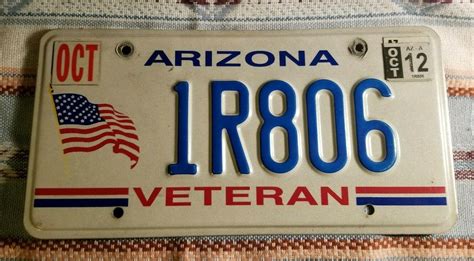 Arizona Veteran Military Flag Authentic License Plate 1r806 Oct 2012