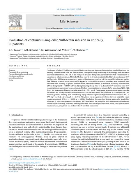 Pdf Evaluation Of Continuous Ampicillinsulbactam Infusion In Critically Ill Patients