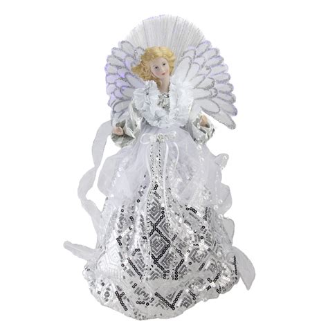 16 White And Silver Lighted Angel Sequined Gown Christmas Tree Topper
