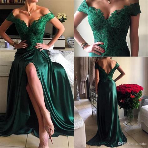 2017 Hunter Green New Long A Line Prom Dresses V Neck Lace Applique Elastic Satin Sexy Side
