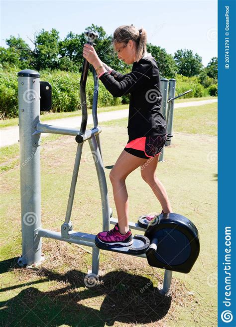 Slim Fit Girl Caucasian Athlete Woman Fitness Training On Playground