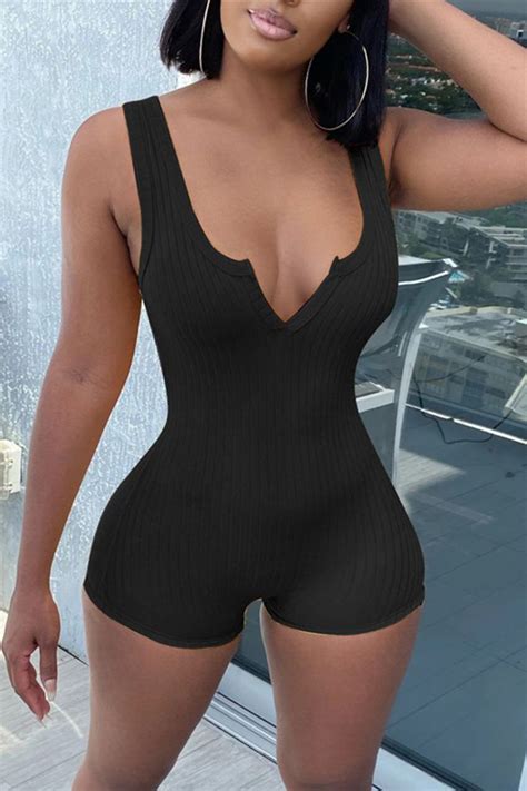 Black Fashion Sexy V Neck Sleeveless Spaghetti Strap Skinny Solid Romper Jumpsuits