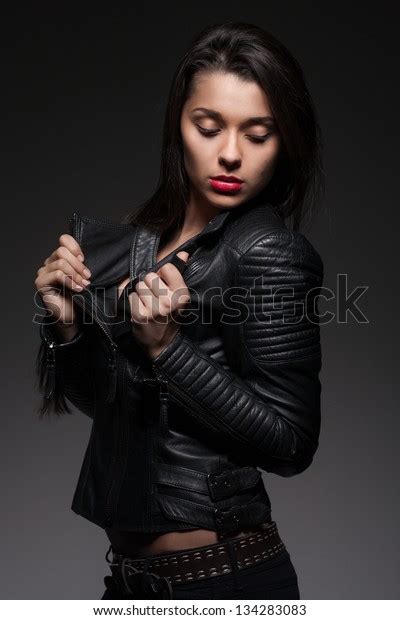 Glamorous Young Woman Black Leather Jacket Stock Photo 134283083